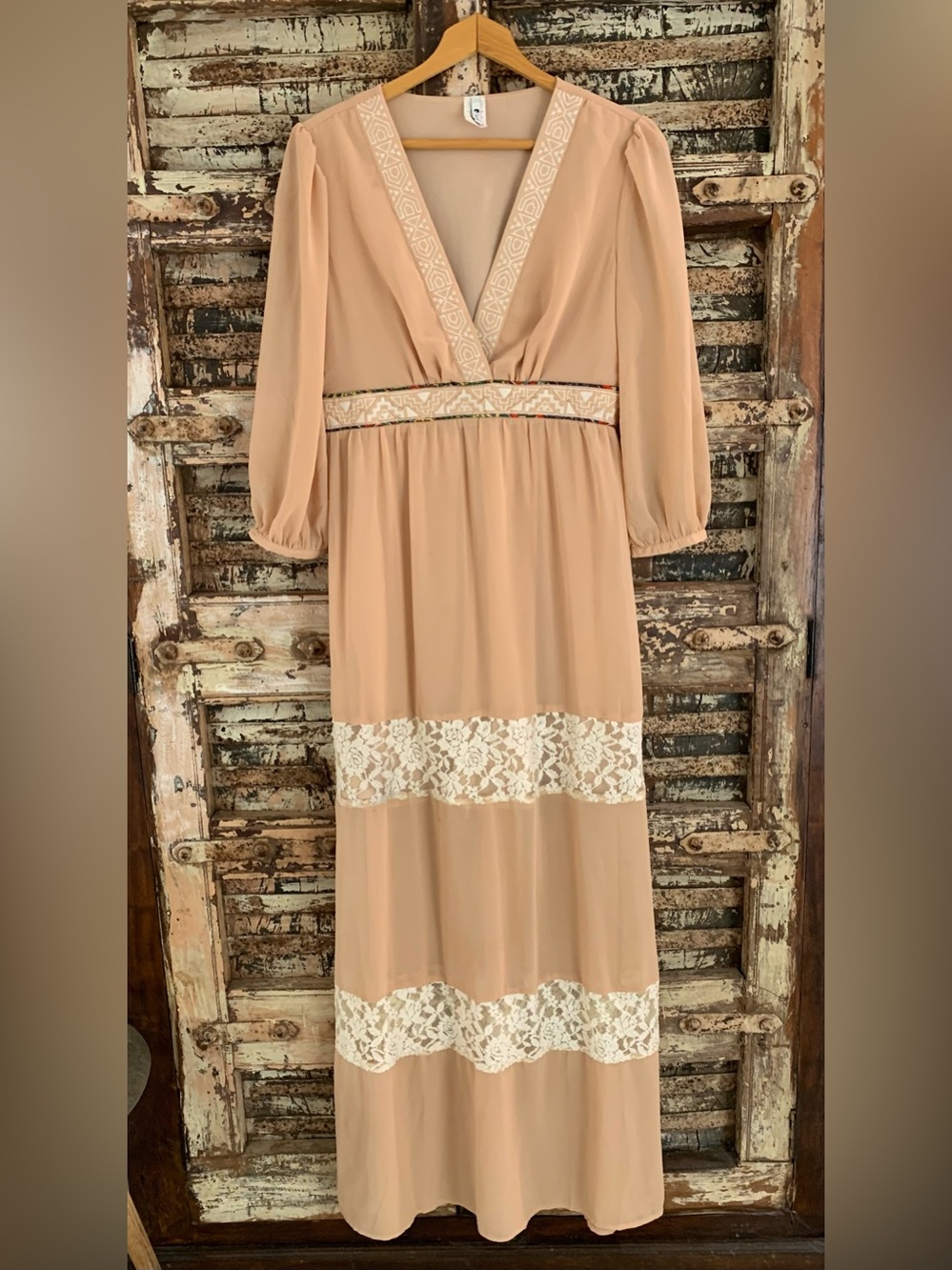 Swell Boho Lace Trim Maxi Peasant Prairie Dress, Tan Nude, Women’s L - Picture 2 of 8